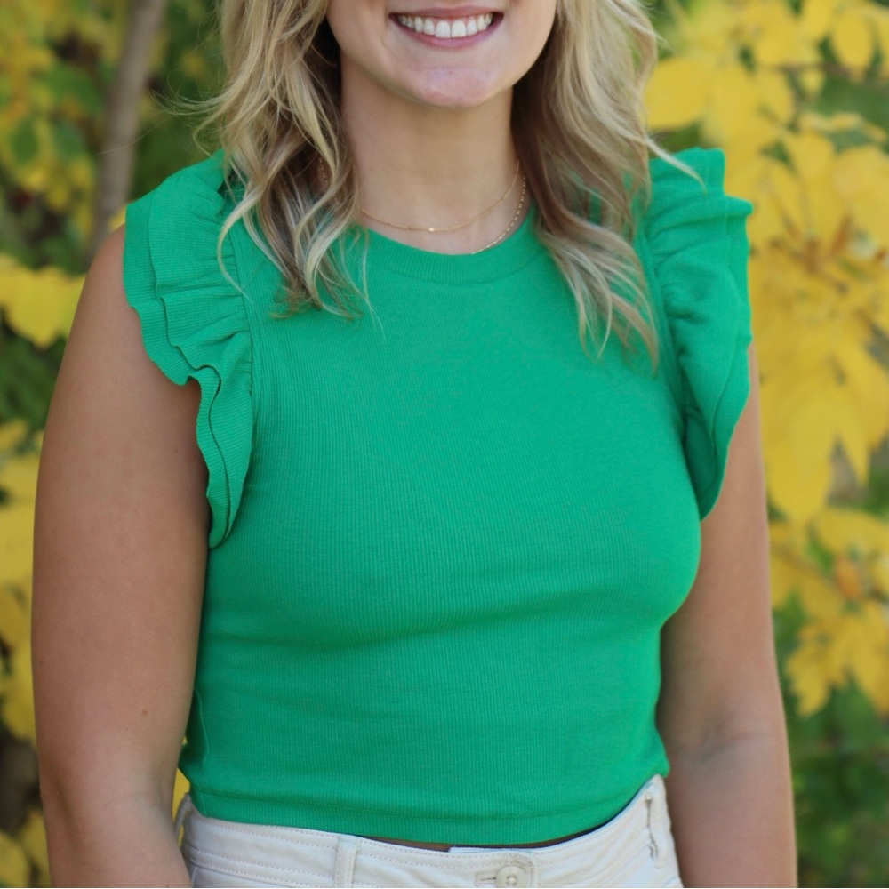 Green Sleeveless Top with Ruffle Sides